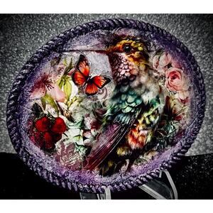 Handmade Hummingbird Belt Buckle – Mixed Media Floral Collage, Resin Sealed